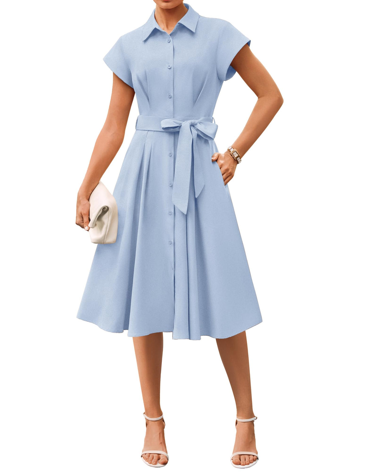 GRACE KARIN Womens Short Sleeve Shirt Dresses 2026 Summer Midi Button Down Dress Work Business Casual Dress with Pockets