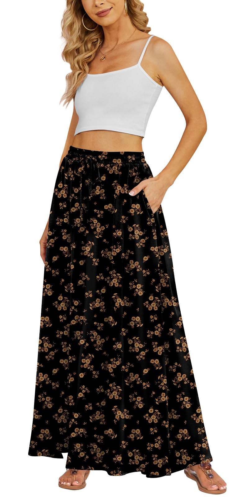 Yincro Women's Flowy Maxi Skirt Summer Pleated High Waisted Casual Long Skirts with Pockets