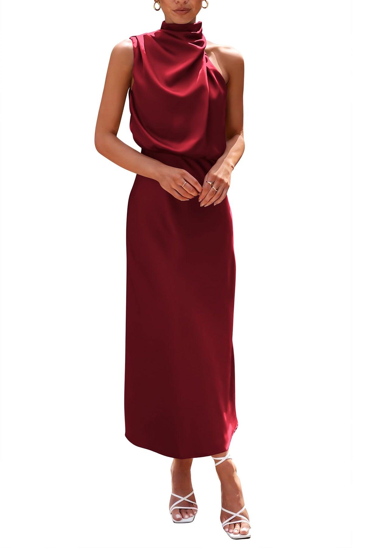 PRETTYGARDEN Women's 2026 Summer Satin Dress Elegant Sleeveless Mock Neck Cocktail Party Maxi Dresses
