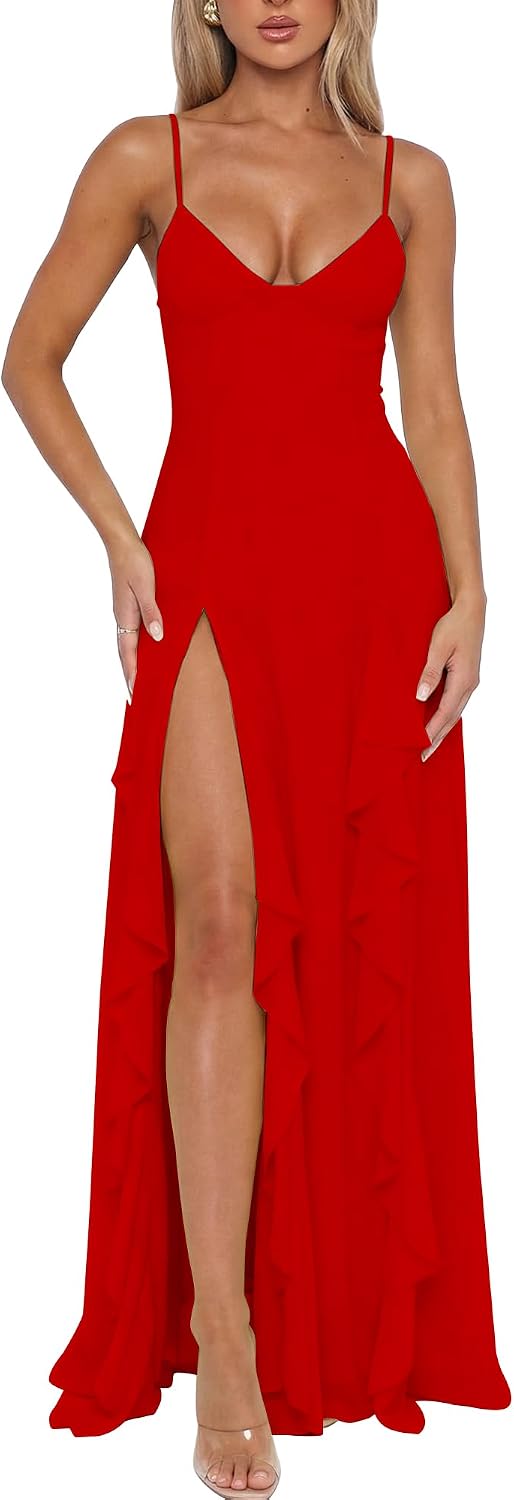 BORIFLORS Women's Sexy V Neck Spaghetti Strap Vacation Maxi Dress High Slit Cocktail Wedding Guest Long Formal Dresses