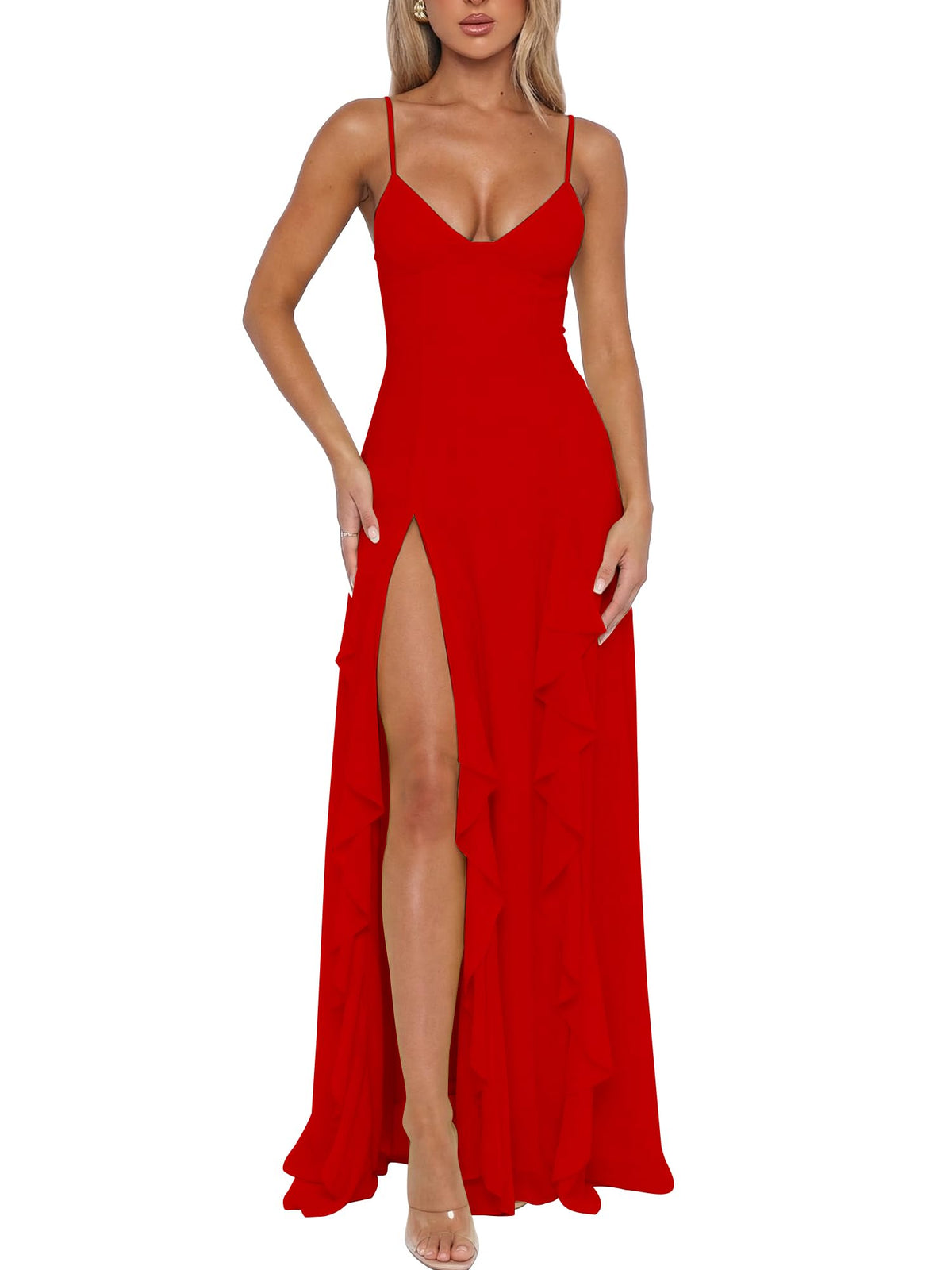 BORIFLORS Women's Sexy V Neck Spaghetti Strap Vacation Maxi Dress High Slit Cocktail Wedding Guest Long Formal Dresses