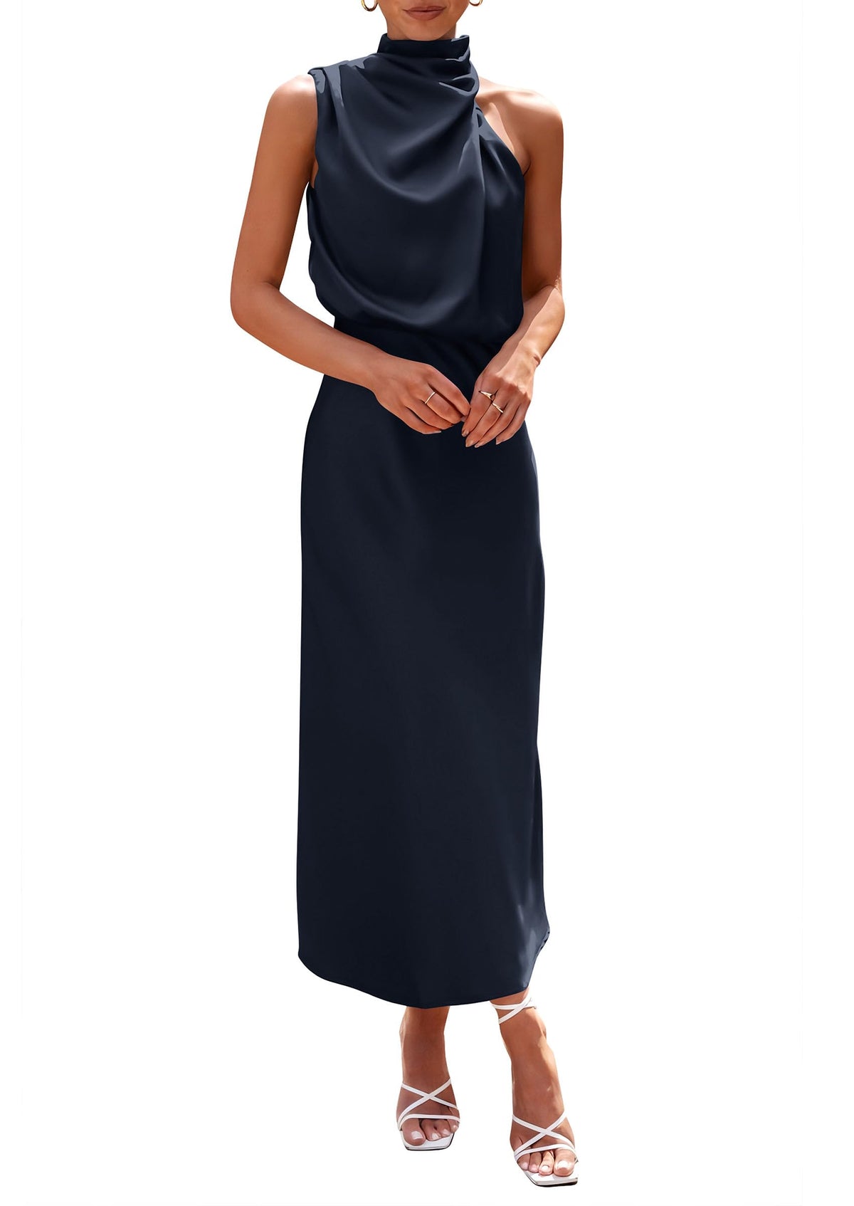 PRETTYGARDEN Women's 2026 Summer Satin Dress Elegant Sleeveless Mock Neck Cocktail Party Maxi Dresses