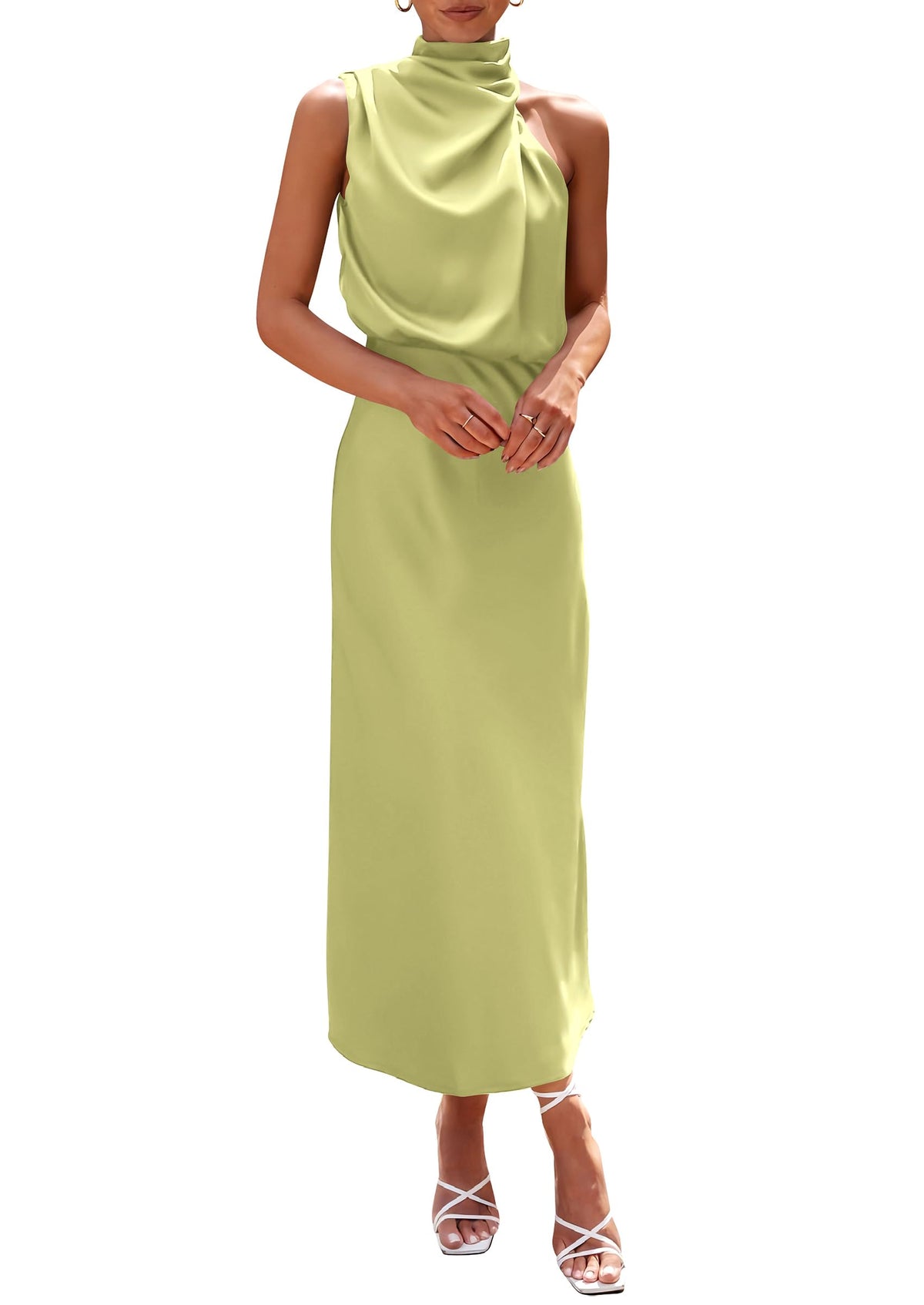PRETTYGARDEN Women's 2026 Summer Satin Dress Elegant Sleeveless Mock Neck Cocktail Party Maxi Dresses