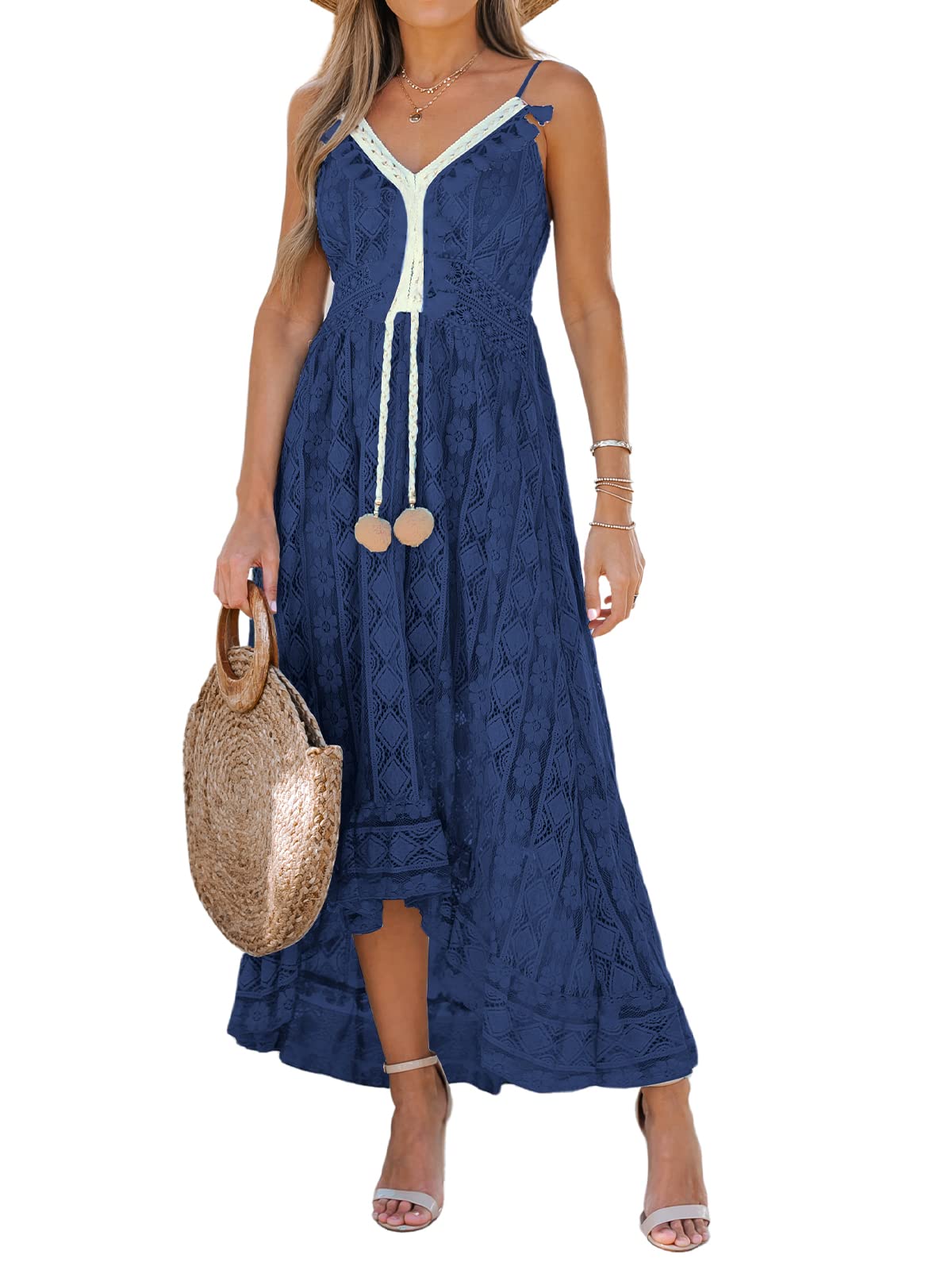CUPSHE Maxi Summer Dress for Women Lace V Neck Sleeveless Sundress Boho Crochet Tassel Flowy Beach Vacation Graduation Dress
