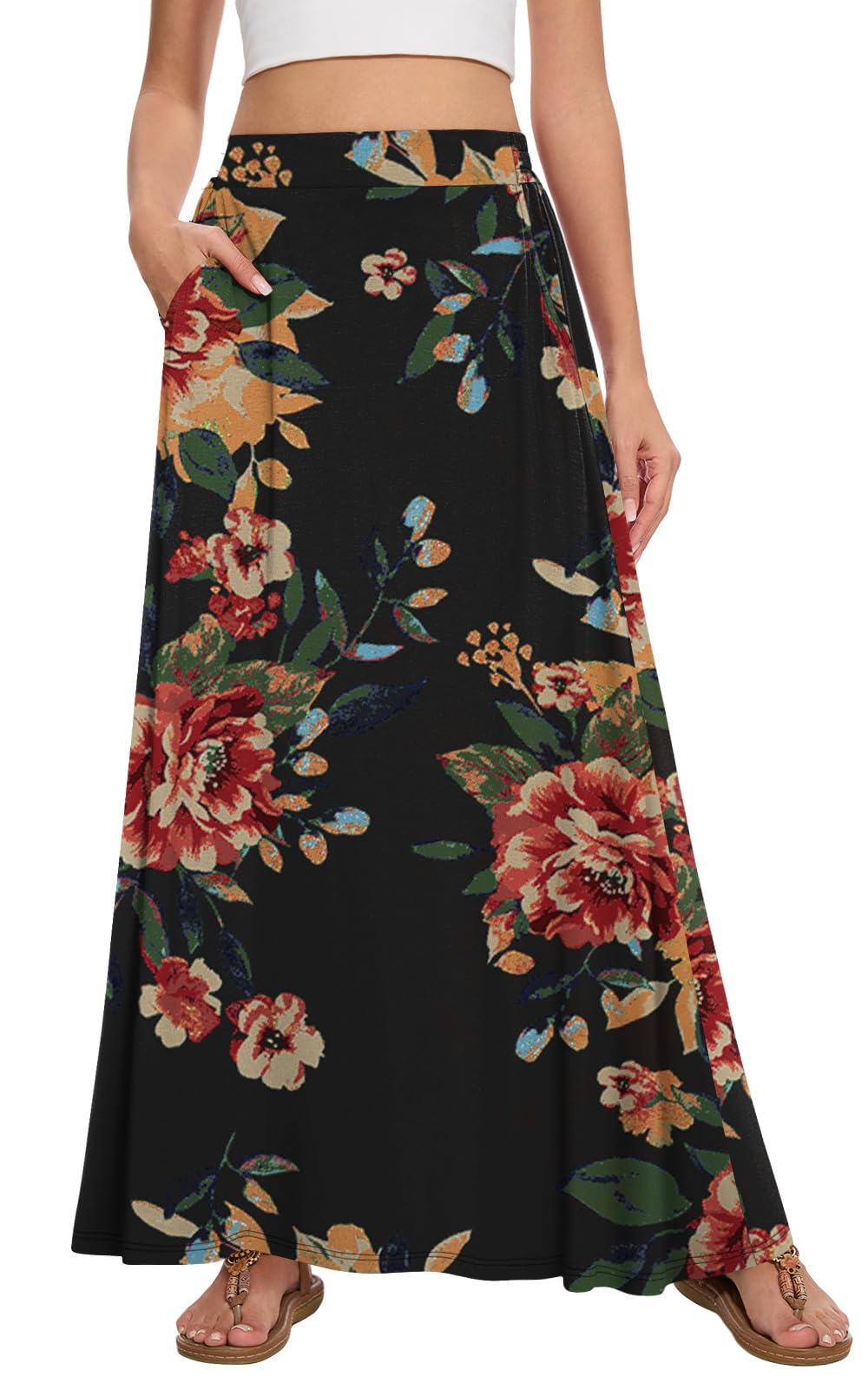 Womens Maxi A-line Long Skirt Casual 2026 Elastic High Waist Flowy Skirts with Pockets
