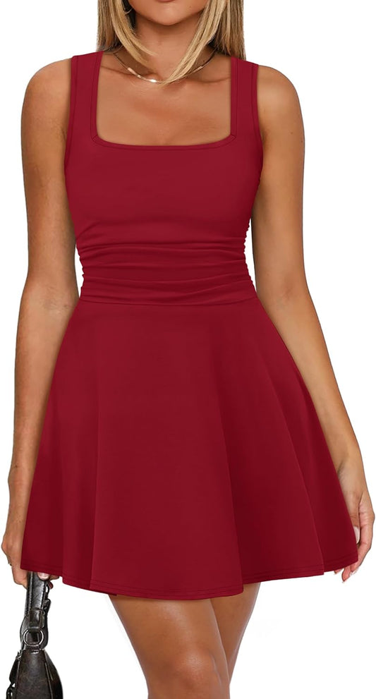 OFEEFAN Dresses for Women Summer Square Neck Sleeveless Mini Dress Ruched Waist Fit and Flare Pleated Dresses