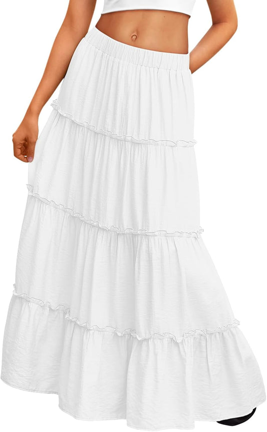 Trendy Queen Vacation Outfits Long Skirts for Women Boho Maxi Skirt Elastic High Waist Dress with Pockets Fashion