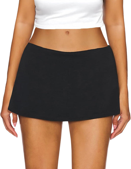 AnotherChill Women's Low Waist Micro Mini Skorts Skirt with Built-in Shorts Sexy Stretch Black Skirts Basic Summer Outfits