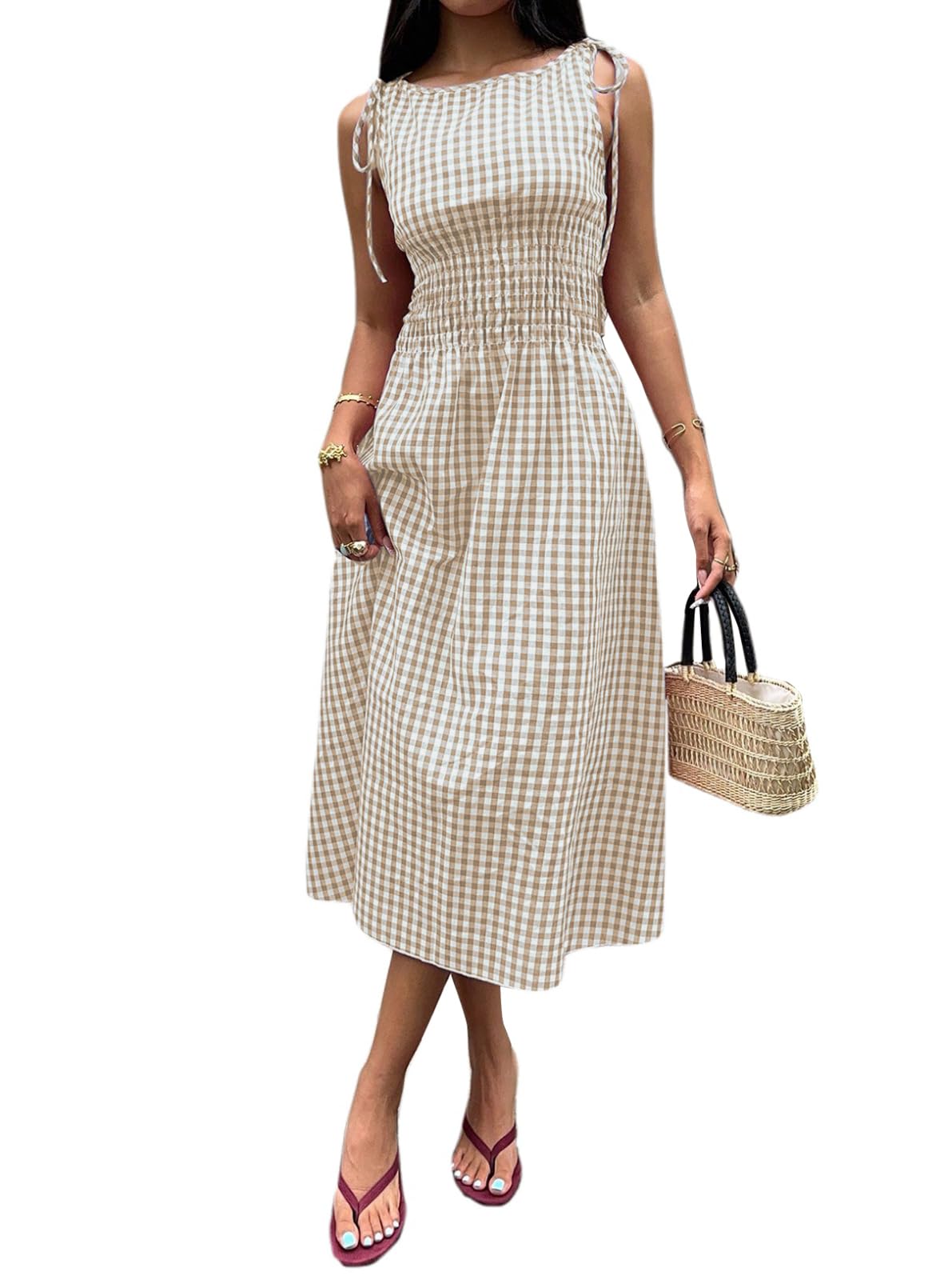 Acelitt Summer Maxi Dresses for Women 2026 Smocked Waist Gingham Dress Flowy A Line Beach Long Sundresses with Pockets