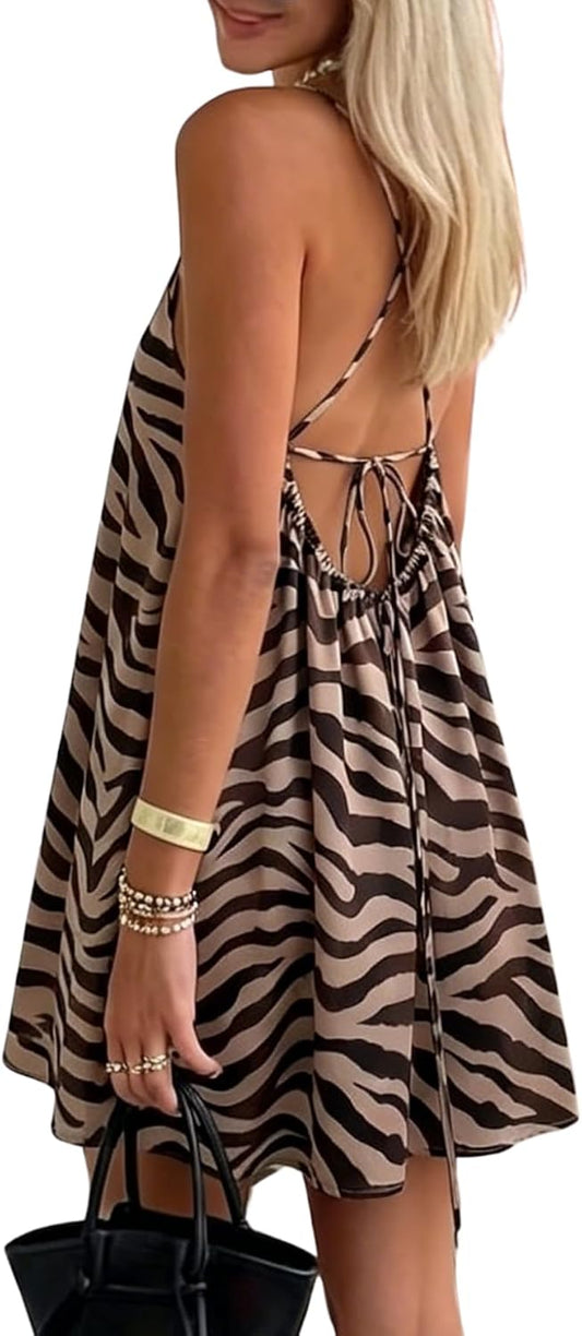 SOLY HUX Women's Summer Halter Dress Animal Printed Backless Flowy Cami Mini Dresses