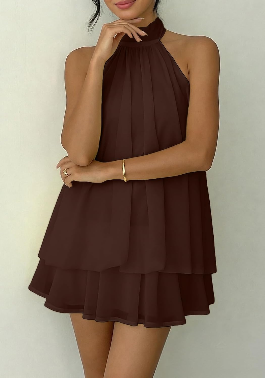SHINFY Women Chiffon Halter Cocktail Dresses for Wedding Guest Ruffle Mini Beach Vacation Birthday Dresses