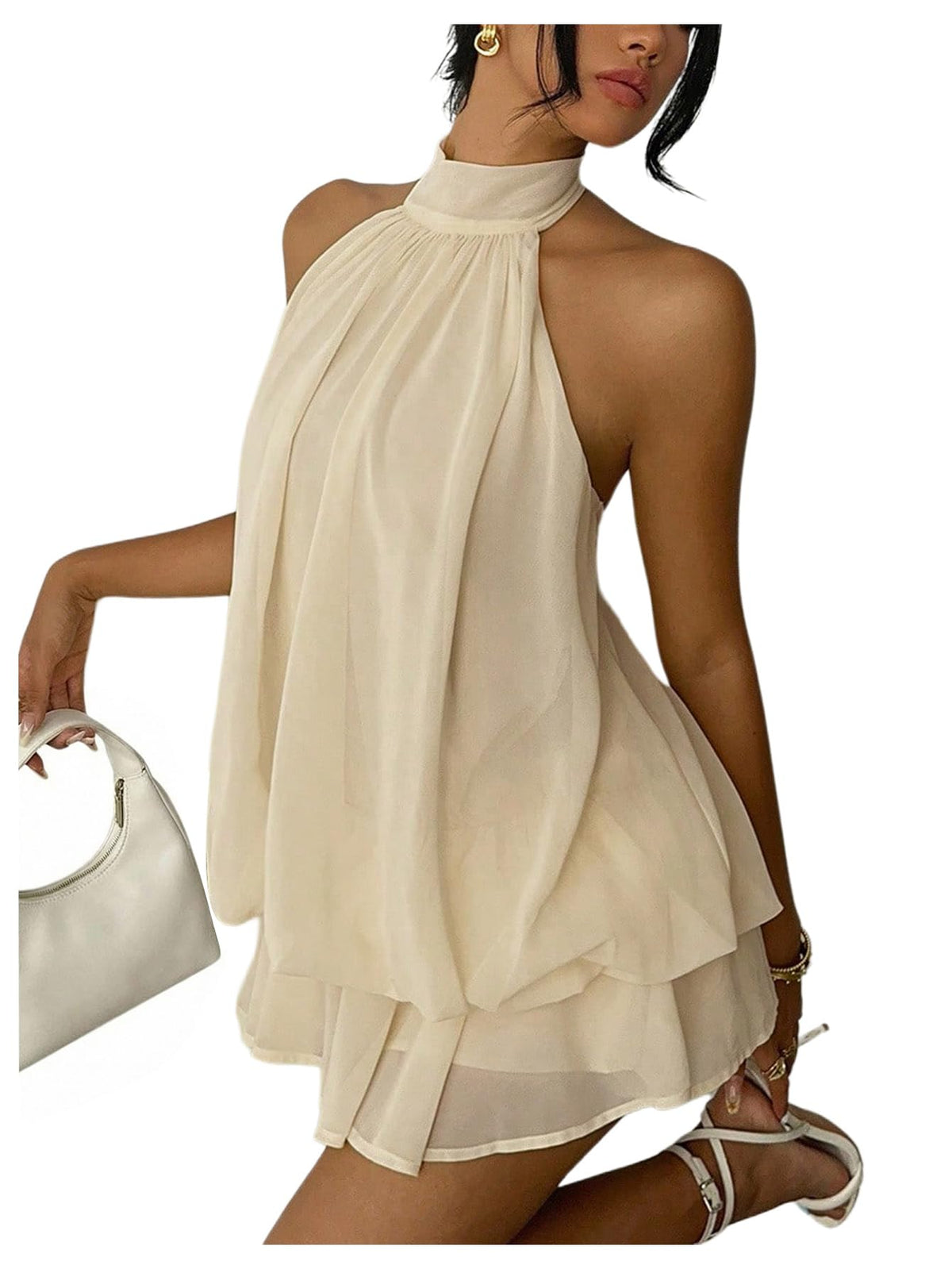 Verdusa Women's Chiffon Halter Drop Waist Wedding Guest Dresses Ruffle Summer Loose Fit Mini Dress Brunch Outfits