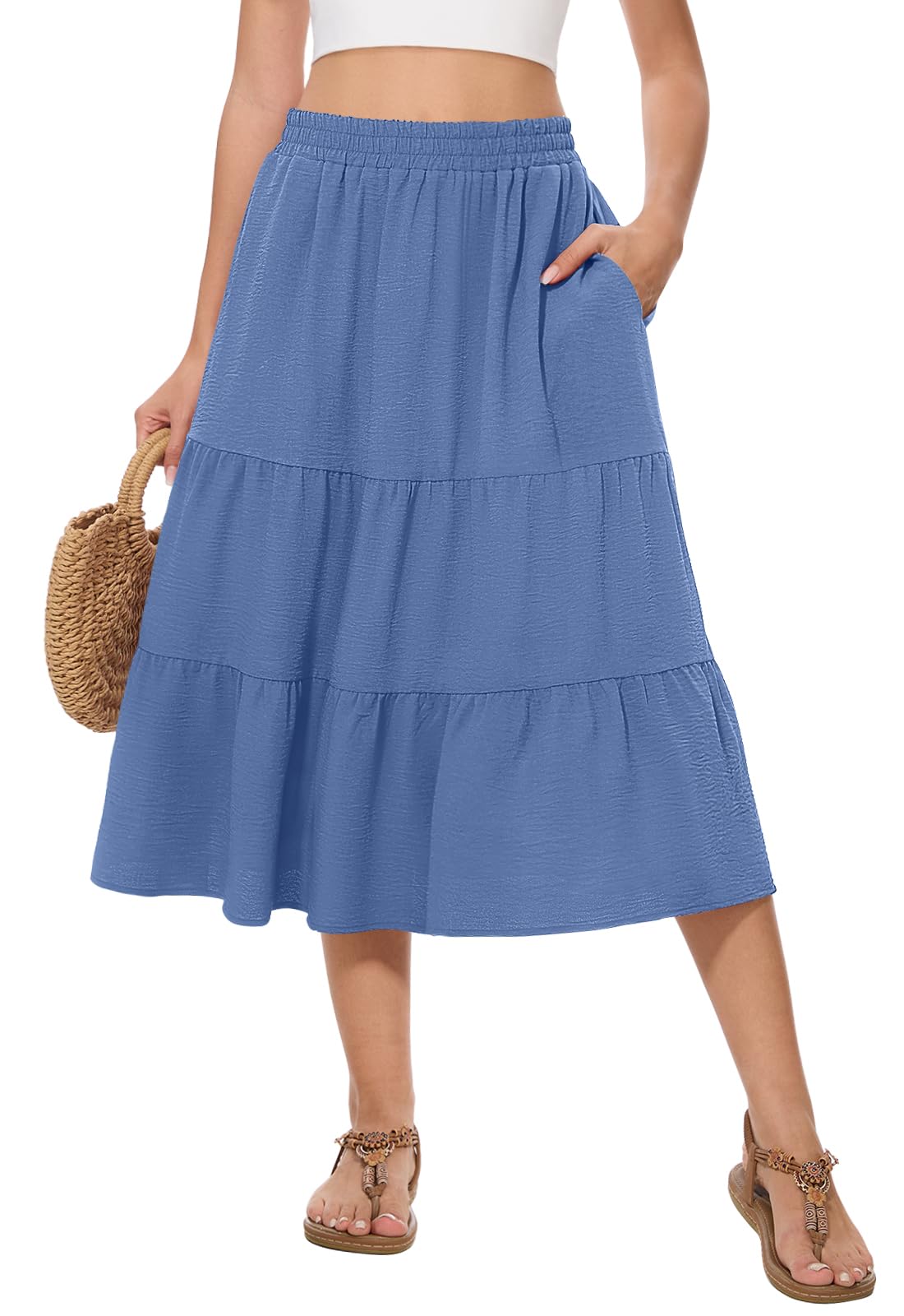 Women's Summer Midi Skirt High Elastic Waist Flowy Ruffle Casual Boho A-Line Skirts with Pockets