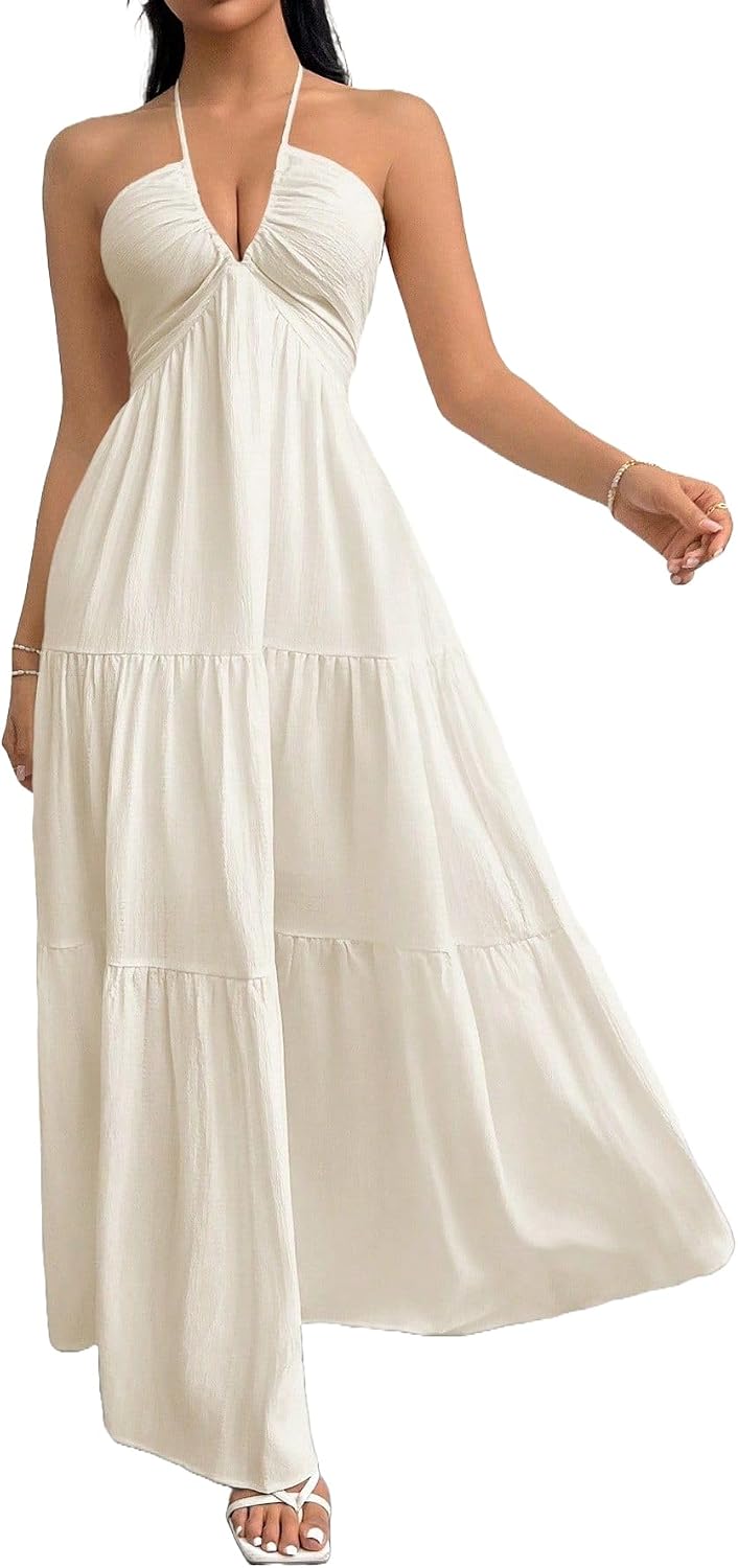 Narecte Women's Maxi Summer Dresses Halter V Neck Beach Dresses for Women A-Line Casual Dress for Vacation
