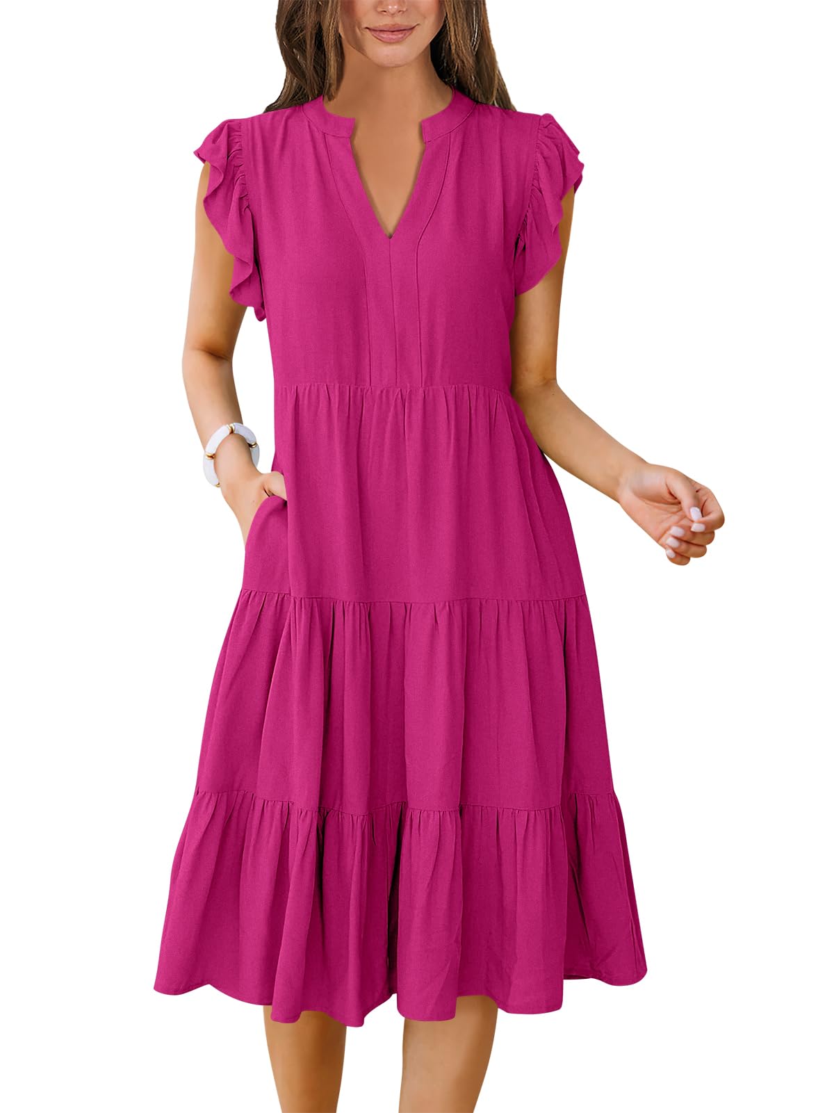 ANRABESS Womens Summer Dress Ruffle Sleeve V Neck Midi Dresses Fashion Casual Fit Flowy Tiered Boho Beach Vacation Sundress