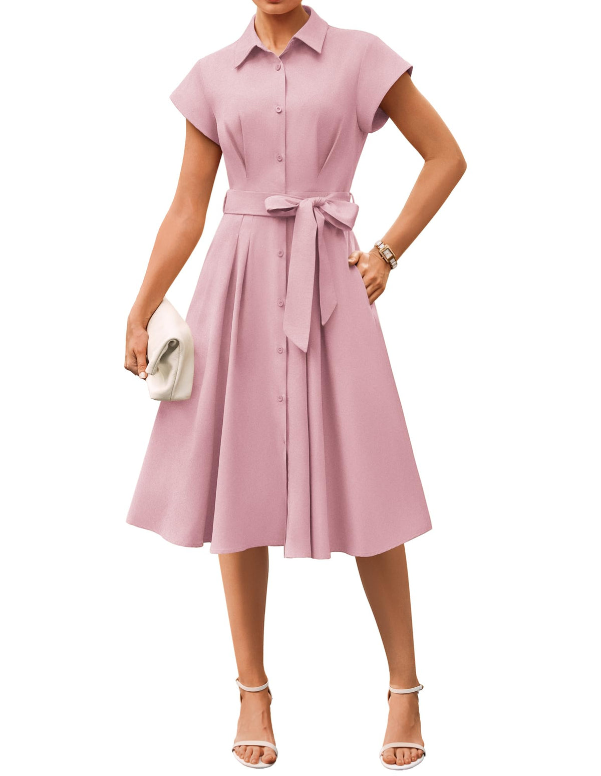 GRACE KARIN Womens Short Sleeve Shirt Dresses 2026 Summer Midi Button Down Dress Work Business Casual Dress with Pockets