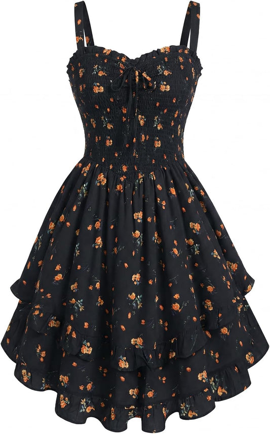 Scarlet Darkness Smocked Floral Sundresses for Women Teens 2026 Summer Flowy Ruffle Mini Dress
