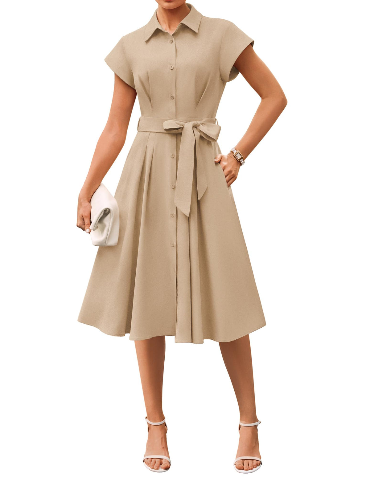 GRACE KARIN Womens Short Sleeve Shirt Dresses 2026 Summer Midi Button Down Dress Work Business Casual Dress with Pockets