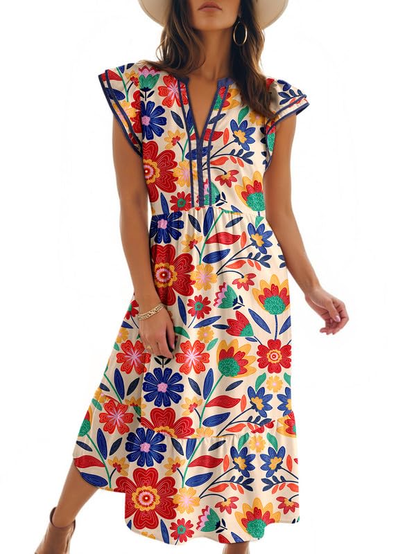 Dokotoo Womens Dresses 2026 Summer V-Neck Ruffle Cap Sleeve Empire Waist Flowy Striped Beach Midi Maxi Dress with Pockets