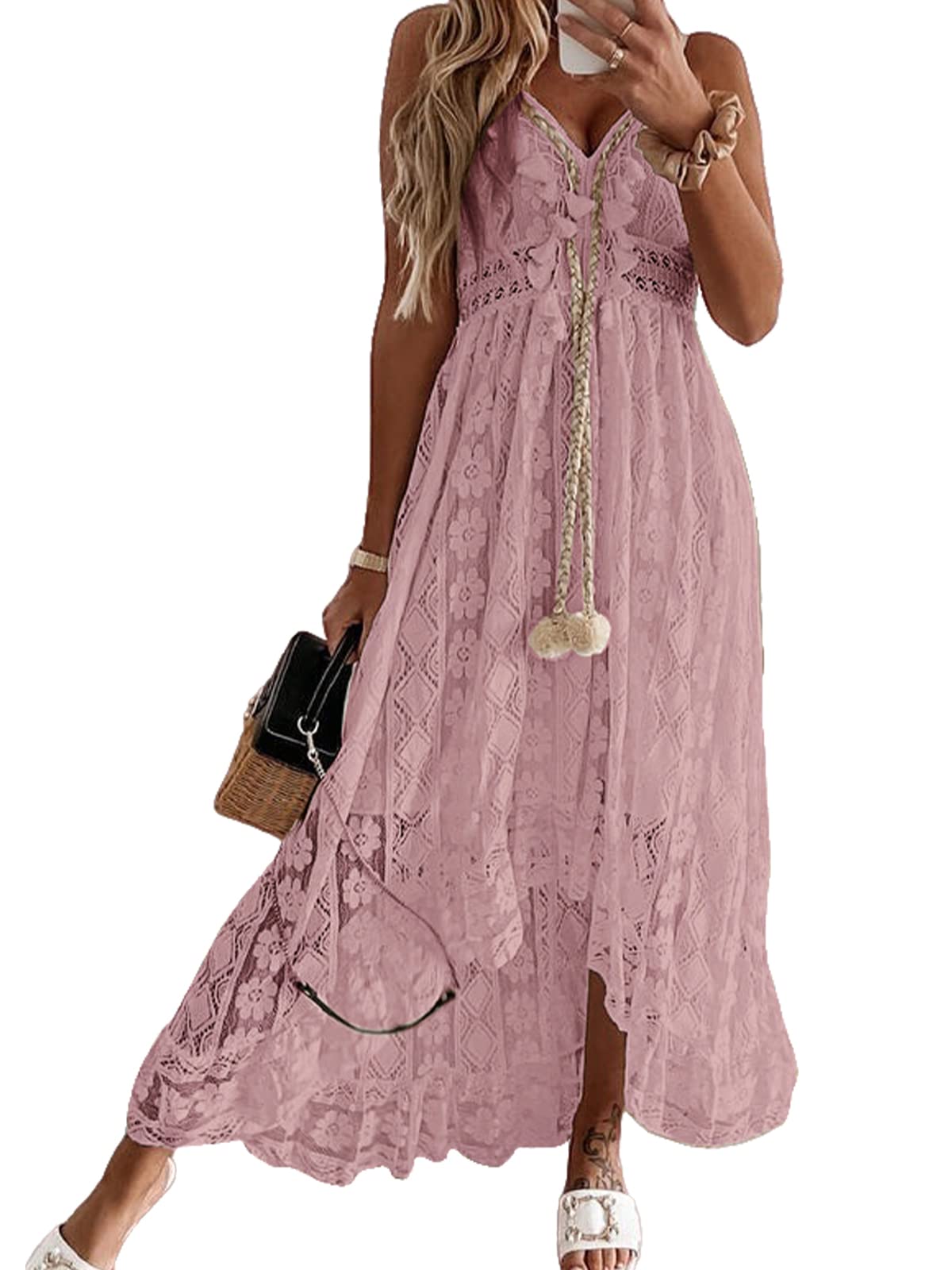 CUPSHE Maxi Summer Dress for Women Lace V Neck Sleeveless Sundress Boho Crochet Tassel Flowy Beach Vacation Graduation Dress