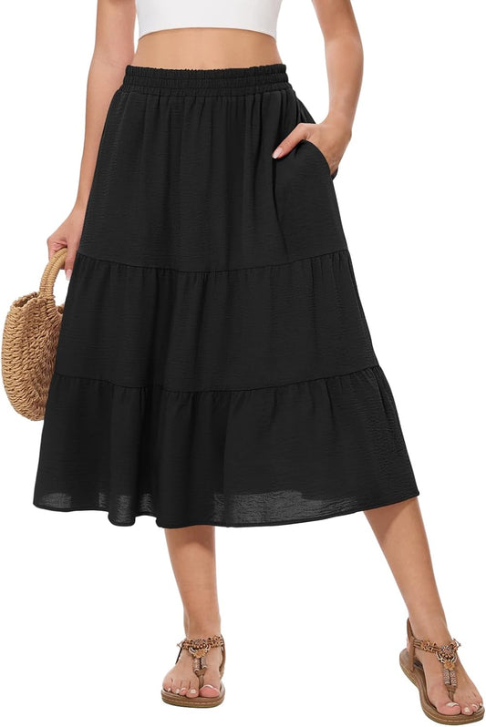 Women's Summer Midi Skirt High Elastic Waist Flowy Ruffle Casual Boho A-Line Skirts with Pockets