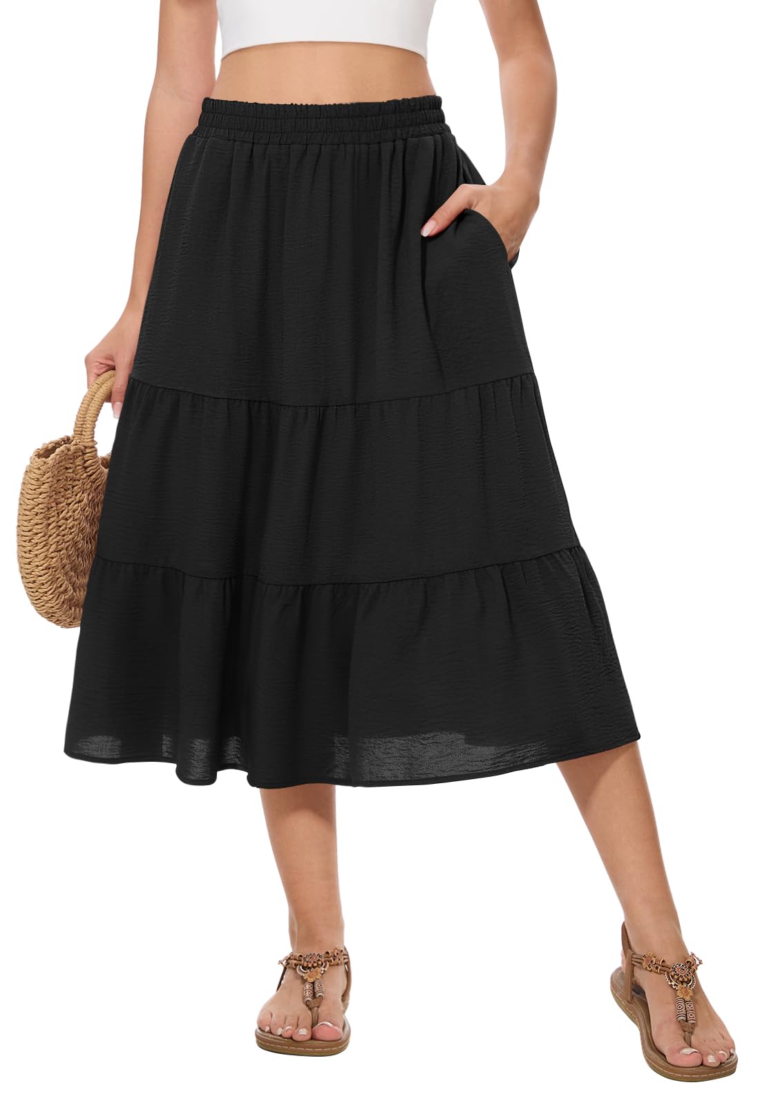 Women's Summer Midi Skirt High Elastic Waist Flowy Ruffle Casual Boho A-Line Skirts with Pockets