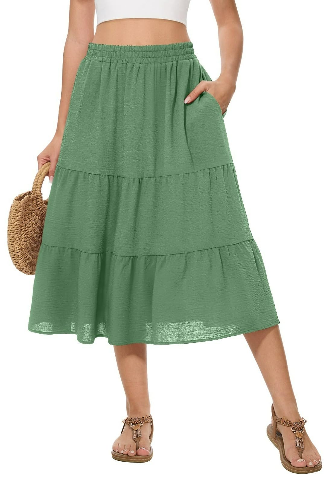 Women's Summer Midi Skirt High Elastic Waist Flowy Ruffle Casual Boho A-Line Skirts with Pockets