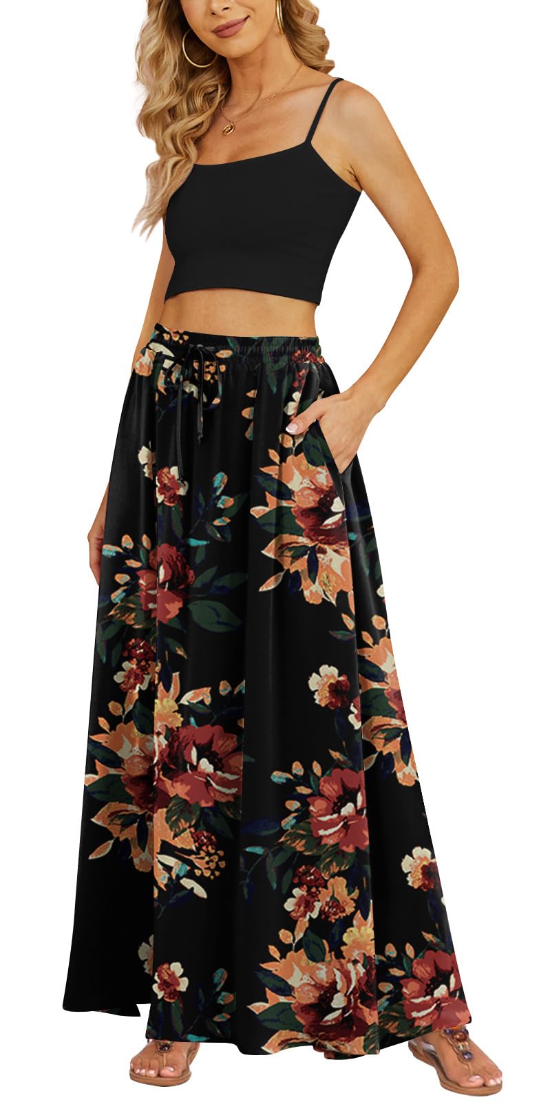 Yincro Women's Flowy Maxi Skirt Summer Pleated High Waisted Casual Long Skirts with Pockets