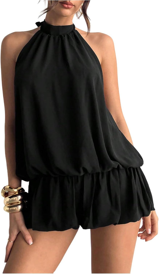 Floerns Women's Y2k Summer Halter Dress Tie Open Back Sleeveless Ruffle Hem Bubble Going Out Mini Dresses