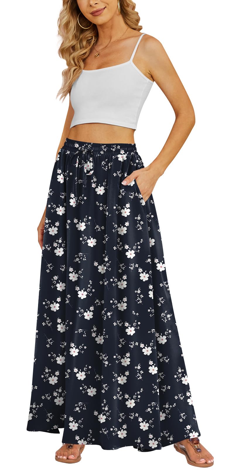 Yincro Women's Flowy Maxi Skirt Summer Pleated High Waisted Casual Long Skirts with Pockets