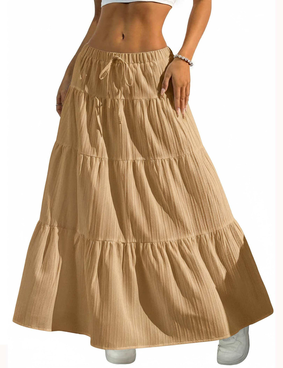 DERAX Women's Boho Flowy White Maxi Skirt Flared Ruffle Elastic Waist Summer A Line 2026 Spring Long Skirts