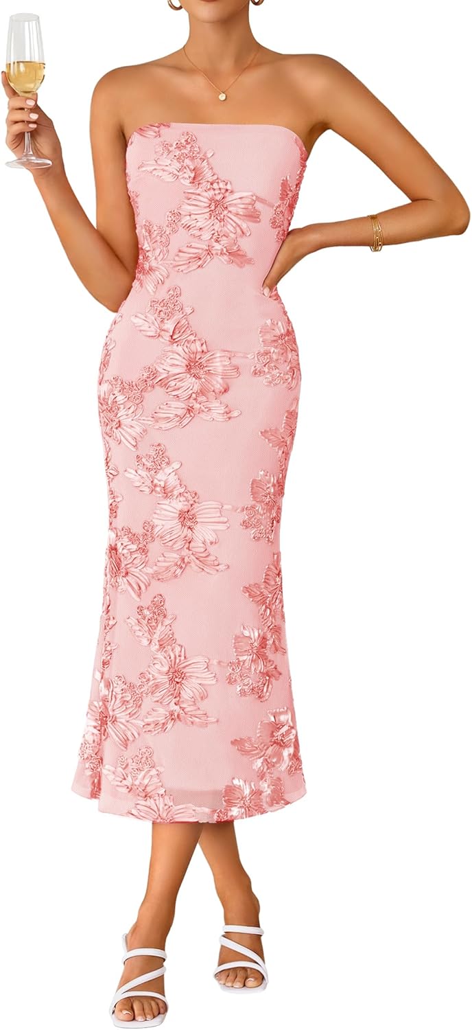 ZESICA Cocktail Wedding Guest Dresses for Women 2026 Summer Strapless Floral Bodycon Mesh Tube Formal Party Midi Dress
