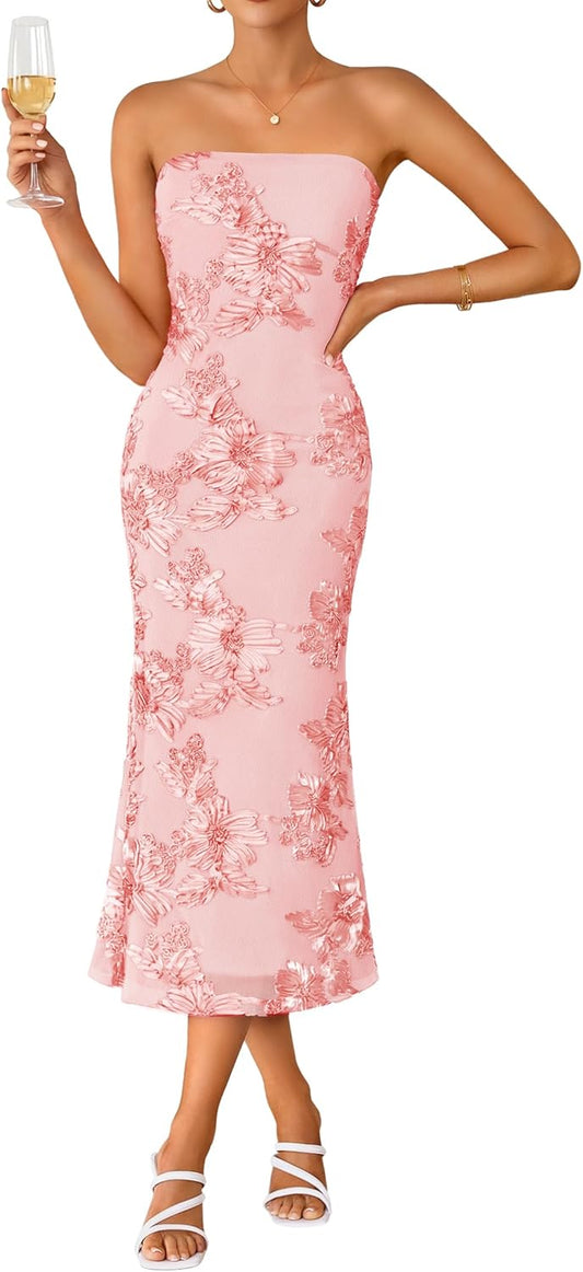 ZESICA Cocktail Wedding Guest Dresses for Women 2026 Summer Strapless Floral Bodycon Mesh Tube Formal Party Midi Dress