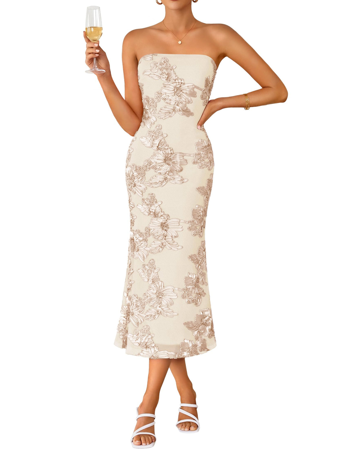ZESICA Cocktail Wedding Guest Dresses for Women 2026 Summer Strapless Floral Bodycon Mesh Tube Formal Party Midi Dress