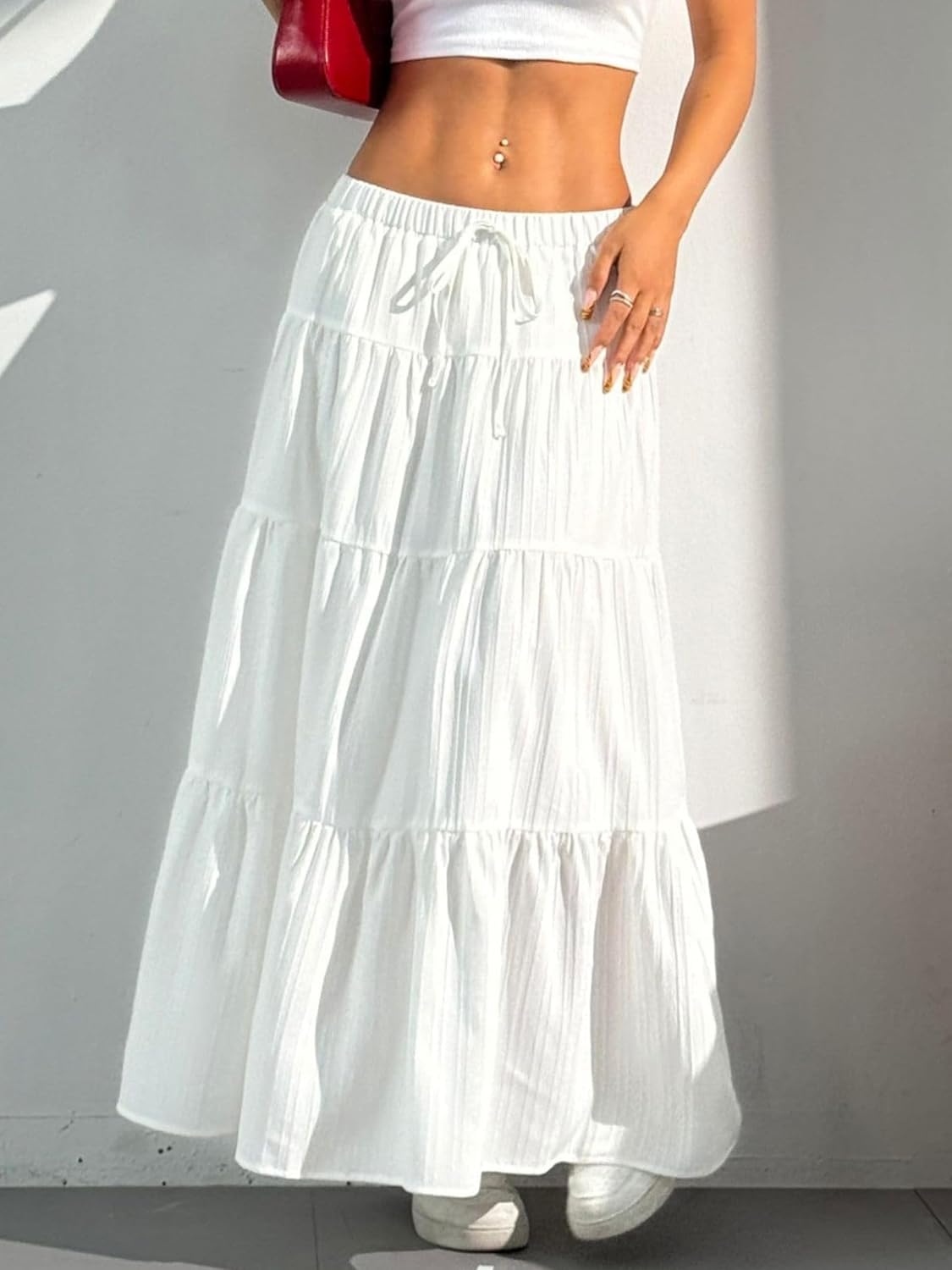 DERAX Women's Boho Flowy White Maxi Skirt Flared Ruffle Elastic Waist Summer A Line 2026 Spring Long Skirts