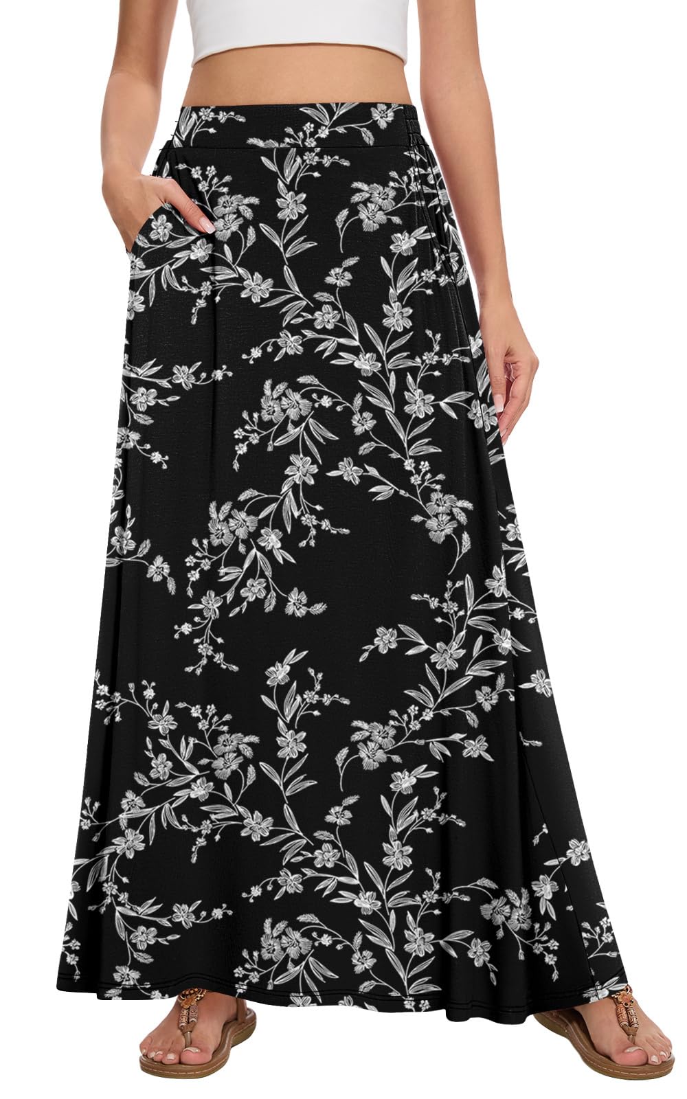 Womens Maxi A-line Long Skirt Casual 2026 Elastic High Waist Flowy Skirts with Pockets