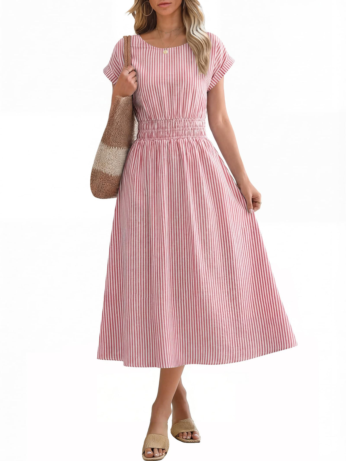 ANRABESS Womens Summer Midi Dress Striped Casual Short Sleeve Crewneck Empire Waist 2026 Flowy Long Beach Dress with Pockets