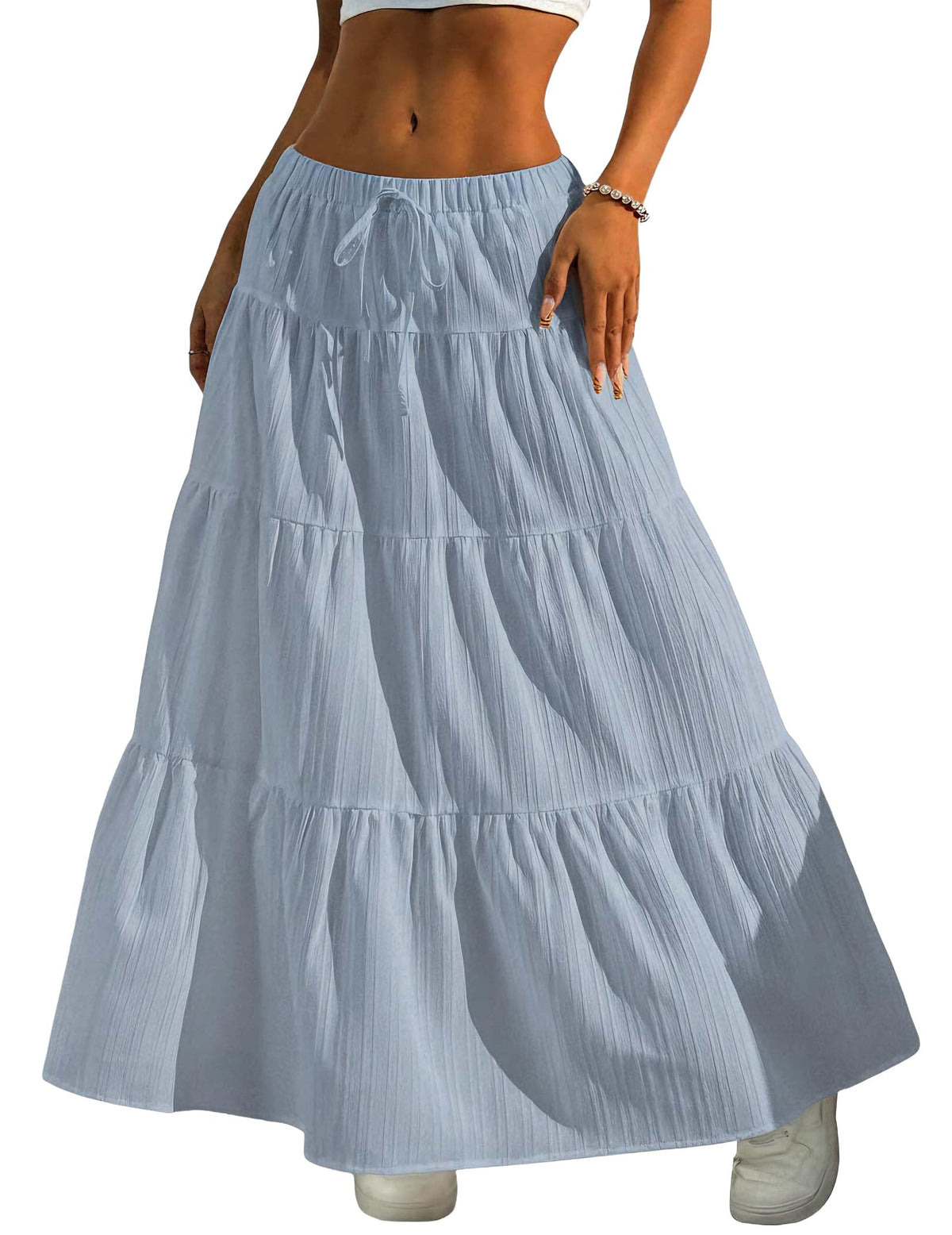 DERAX Women's Boho Flowy White Maxi Skirt Flared Ruffle Elastic Waist Summer A Line 2026 Spring Long Skirts