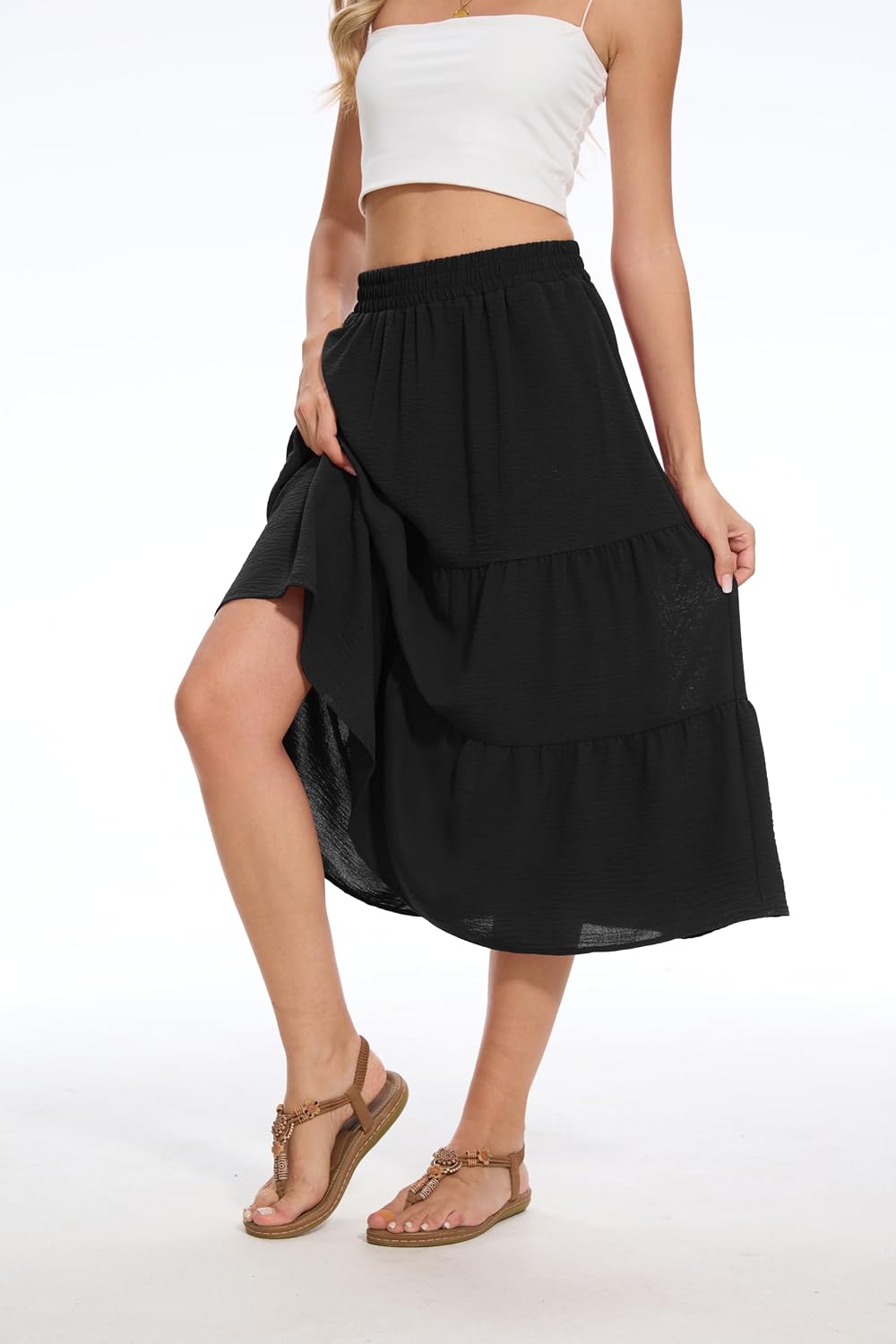 Women's Summer Midi Skirt High Elastic Waist Flowy Ruffle Casual Boho A-Line Skirts with Pockets