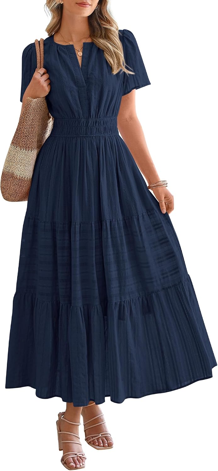 BTFBM Womens Summer 2026 Casual Midi Maxi Dresses Lightweight Short Sleeve V Neck Elastic Waist Boho Beach Dress Pockets