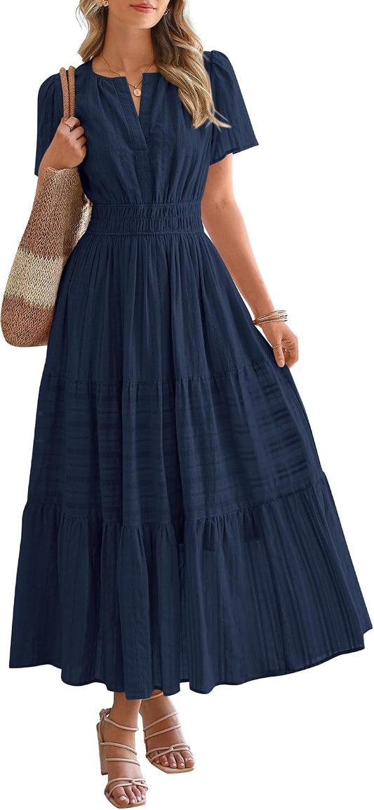 BTFBM Womens Summer 2026 Casual Midi Maxi Dresses Lightweight Short Sleeve V Neck Elastic Waist Boho Beach Dress Pockets