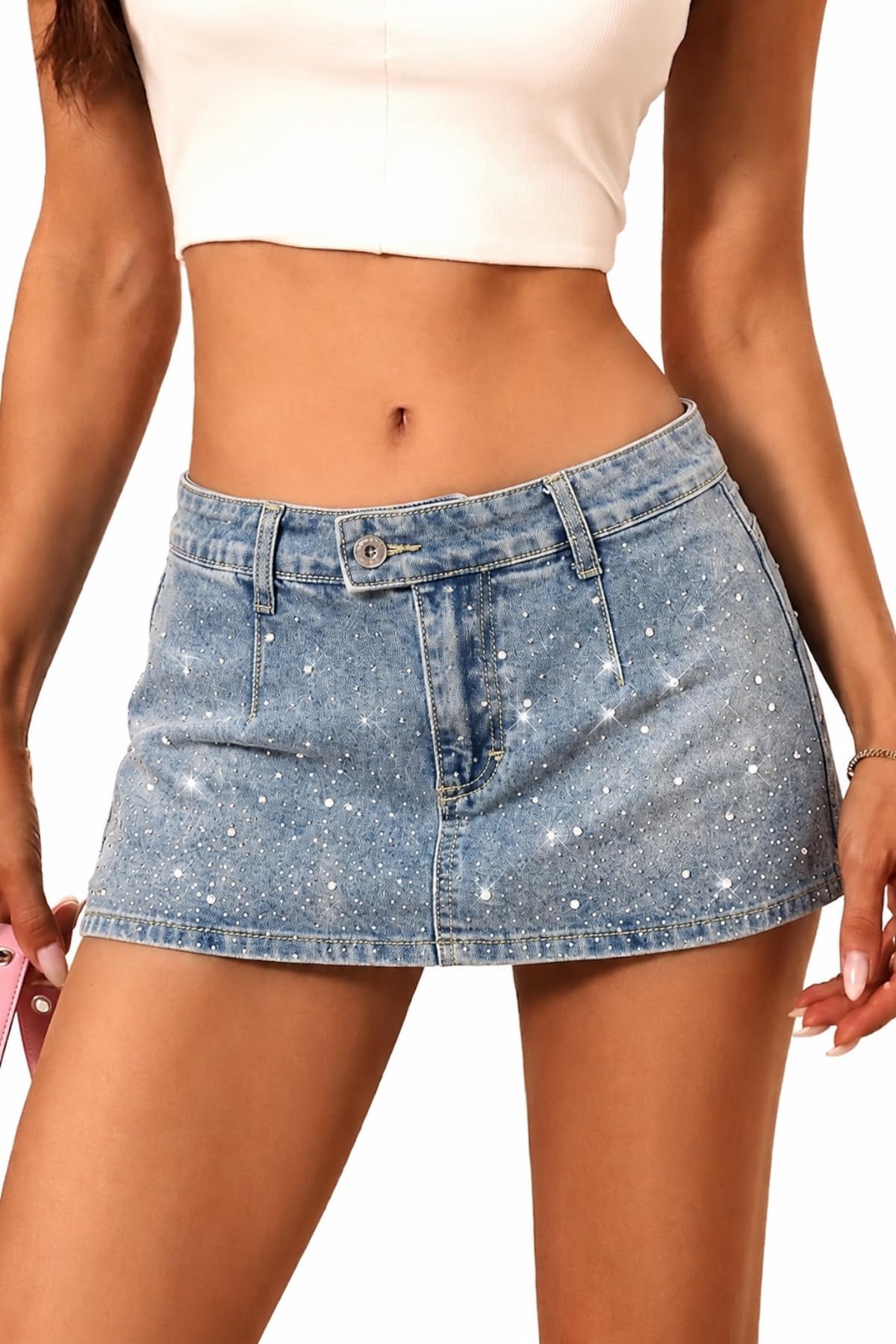 ELLEVEN Low Rise Denim Mini Skirt for Women, High Stretch Jean Skirt with Shorts Underneath Y2k Micro Skort
