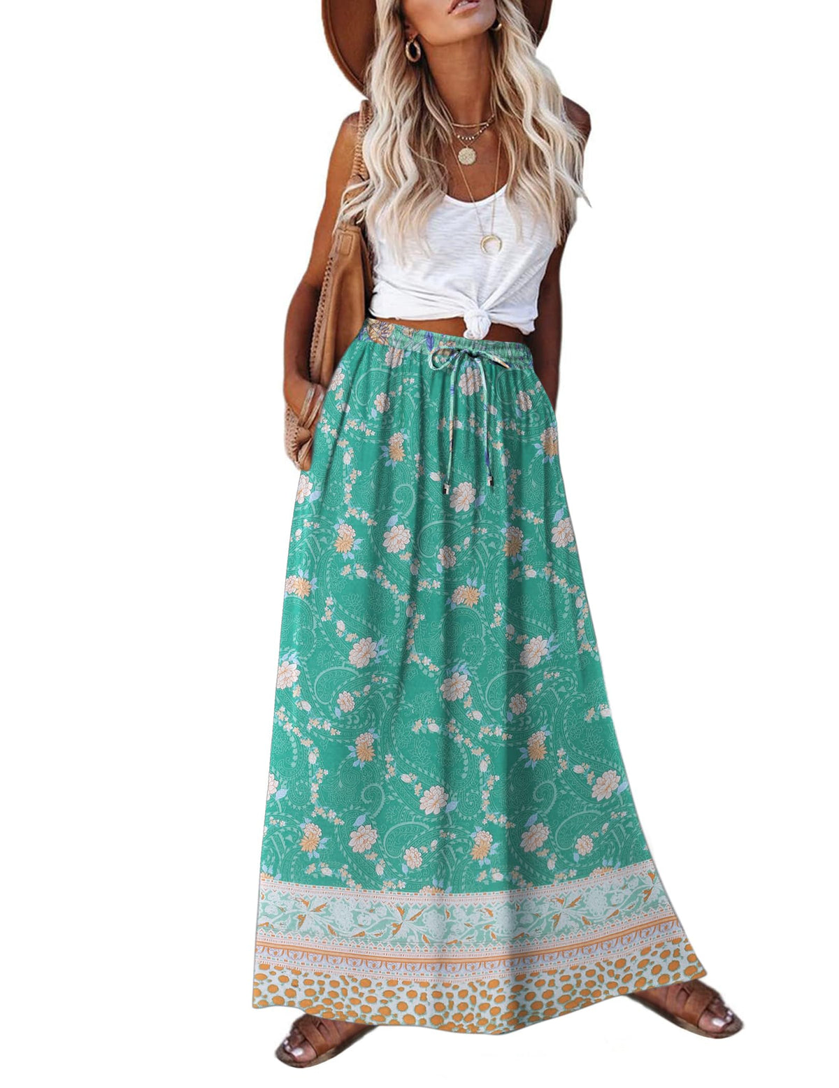 Zeagoo Women's 2026 Boho Floral Skirt Casual Elastic High Waist Maxi Skirts Flowy A Line Beach Long Skirt with Side Pockets