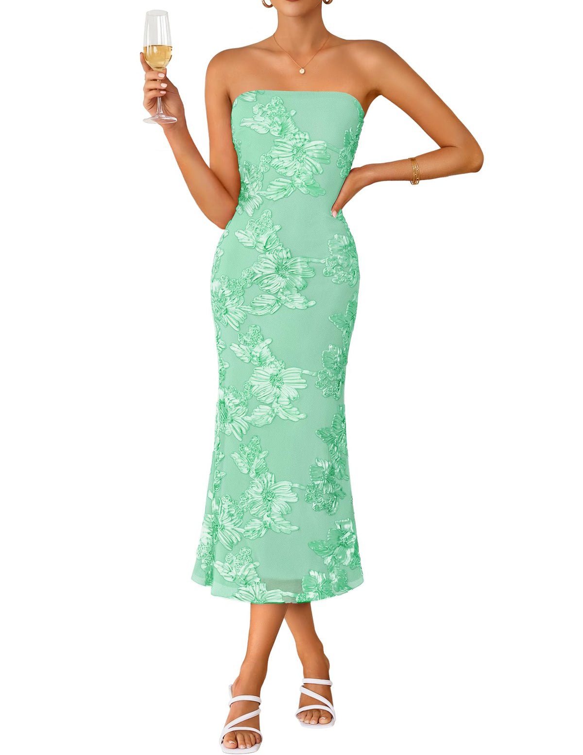 ZESICA Cocktail Wedding Guest Dresses for Women 2026 Summer Strapless Floral Bodycon Mesh Tube Formal Party Midi Dress