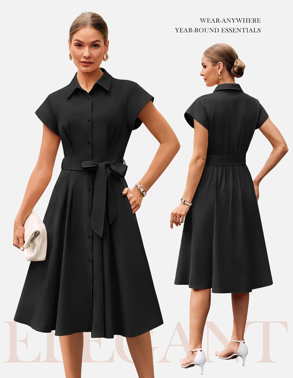 GRACE KARIN Womens Short Sleeve Shirt Dresses 2026 Summer Midi Button Down Dress Work Business Casual Dress with Pockets