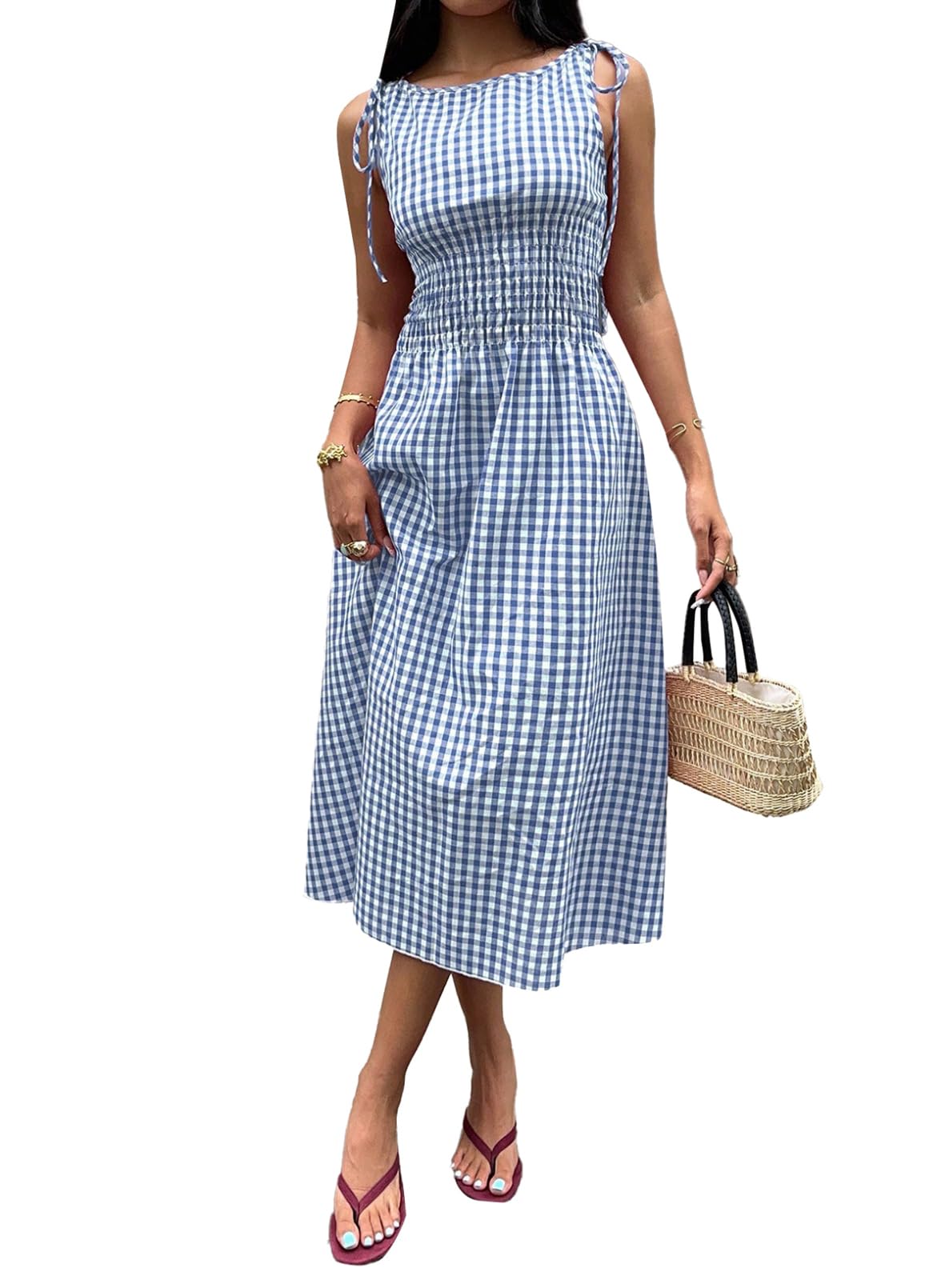 Acelitt Summer Maxi Dresses for Women 2026 Smocked Waist Gingham Dress Flowy A Line Beach Long Sundresses with Pockets