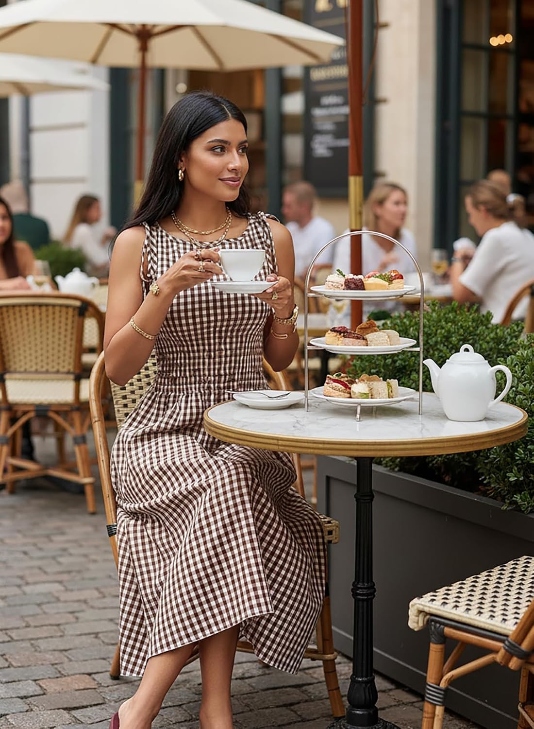 Acelitt Summer Maxi Dresses for Women 2026 Smocked Waist Gingham Dress Flowy A Line Beach Long Sundresses with Pockets