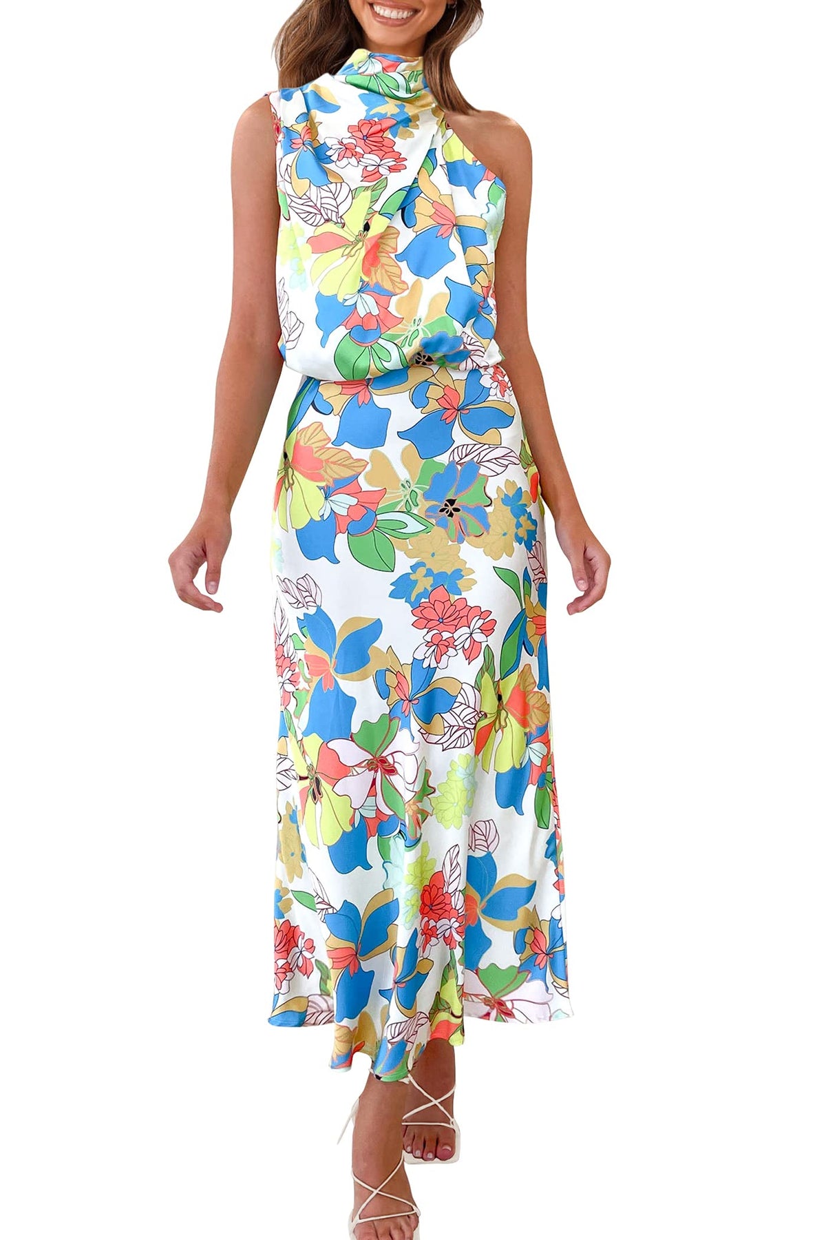 PRETTYGARDEN Women's 2026 Summer Satin Dress Elegant Sleeveless Mock Neck Cocktail Party Maxi Dresses