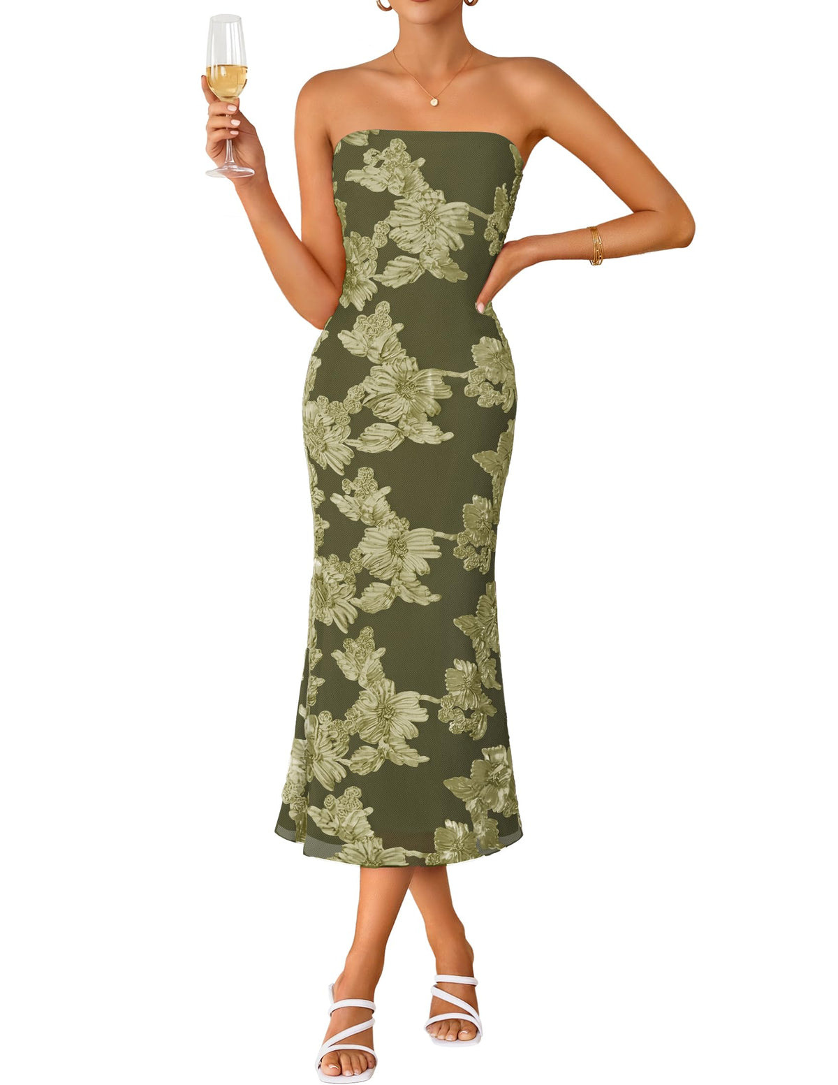 ZESICA Cocktail Wedding Guest Dresses for Women 2026 Summer Strapless Floral Bodycon Mesh Tube Formal Party Midi Dress