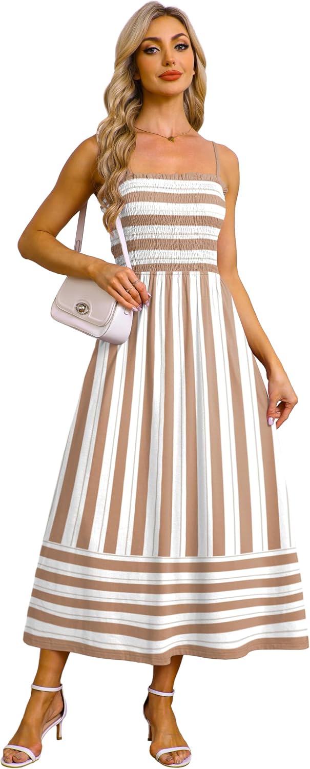 OFEEFAN Womens Spaghetti Strap Maxi Dresses Smocked with Pockets 2026 Summer Spring Casual Boho Beach Long Sundresses